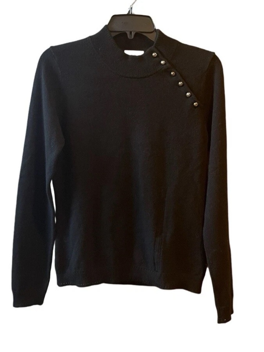 Vintage Milly of NY Cashmere Black Button-Accent Mock Neck Sweater Women Size P